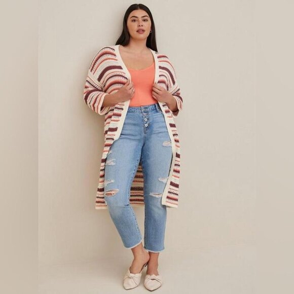 Torrid Womens Size 1X Kimono Cardigan Cotton Multi Stripes Open Knit Longline - Picture 1 of 10